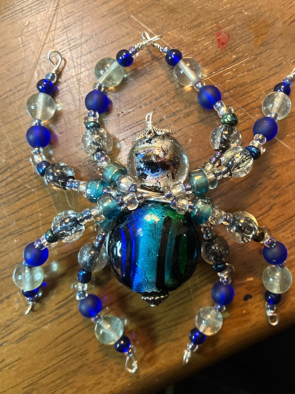 Beaded Spider Ornament Decoration - Silver & Blue handmade
